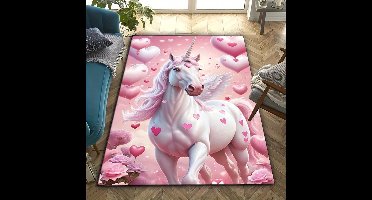Vloerkleed unicorn - paard - eenhoorn - roze - hartjes - antislip - tapijt - keukenkleed - salontafel kleed - woonkamer - slaapkamer - foam - 80 x 120 cm