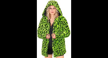 Bontjas met Kap Pluche Luipaard Neon Groen - Maat XXL