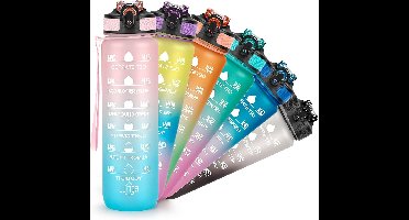 Motiverende waterfles met tijdmarkering - 1 liter - lekvrij en BPA-vrij - sportfles met rietje en draagriem - drinkfles voor onderweg