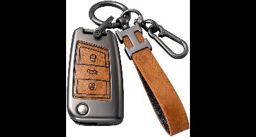 Cosensi - Sleutelhoes Zinklegering met Lederen Couvering voor VW Golf 7, 3 Knoppen, Compatibel met MK7 Polo T-ROC Tiguan, Skoda Superb Octavia, Seat Leon Ibiza - Bruin Sleutel Shell, Beschermhoes Auto Key Cover