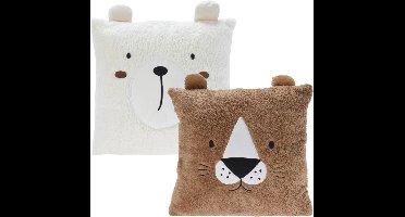 Excellent Houseware Dieren sierkussen - kinderkamer - bruin / wit - 43 cm - 2 stuks - polyester - met oren - decoratie