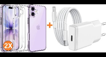 USB C Adapter - USB C Oplader 20W Met USB C Kabel 1M - Hoesje Geschikt voor iPhone 17 transparant Anti Shock silicone met 2x screenprotector- Ntech COMBI-SET