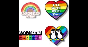 Regenboog Pride Pins – Set van 4 | Inclusief “Sounds Gay I’m In”, “I’ll Walk With You”, “Gay Agenda” & Pinguïn Hart”