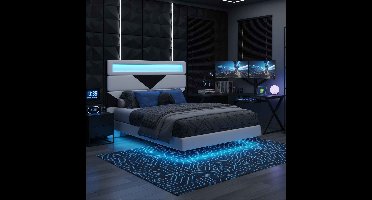 Bed 140x190cm - ADFBL - Beige Fluweel met LED& USB Oplaadpunt - Uniek Hoofdbord met Verwisselbare Blokken - Modern Design Bed - Inclusief Lattenbodem