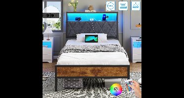 Eenpersoonsbed 90x200 cm - Jongerenbed - Jeugdbed - Heavy Duty Metalen Bedframe - Met LED Verlichting - Stopcontacten - USB Poorten - Type C - Hoofdbord met Opbergruimte - Donkergrijs Linnen