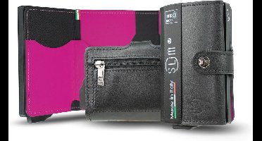 SLim Creditcardhouder afgeschermd portemonnee heren RFID kaarthouder anti-klonatie dames kaarthouder heren, zwart en fuchsia, Con Zip, Modern