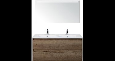 Porto Badmeubelset 120 cm - 2 Laden Tabacco - Keramische Wastafel Wit Slim met Sence Spiegel