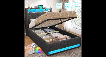 Linnen Gestoffeerd Bed 90x200 cm - Opbergbed - Jongerenbed - Jeugdbed - Eenpersoonsbed - Bedframe met Led Verlichting - Met Hydraulische Hendel - Met Stopcontacten - USB -Type C - Eenvoudige Montage - Grijs