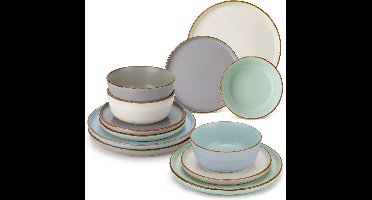 Luxe Serviesset – 12 delig – 4 persoons – Steengoed - Bordenset – Dinner platen – Dessertborden - Kommen - Meerkleurig