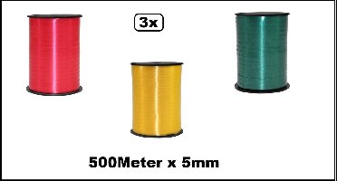 3x Krullint rood-geel-groen 10mm x 250meter - Vernieuwd - nu met folie beschermlaag om de rol - Carnaval Krullint kerst thema feest decoratie kado