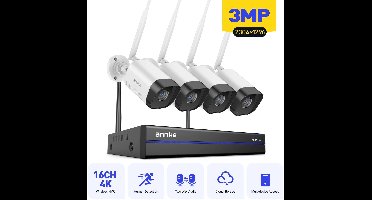 Draadloos Beveiligingssysteem – Wifi Camerasysteem – IP Camera Set – CCTV Systeem – 16-Kanaals NVR – 4 Camera’s 3MP Full HD – Ingebouwde 2TB HDD – Nachtzicht 30 Meter