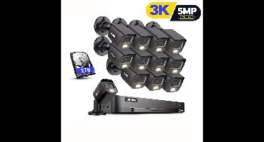 Bewakingscamera – Beveiligingscamera – Camerabewaking – Cameraset – CCTV Camera – 8-kanaals 3K DVR Recorder – 30 Meter Kleurennachtzicht – AI Mens- & Voertuigdetectie – 2TB Opslag