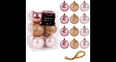 12 stuks Mondex Kerstballen Ø6 cm - Goud/Roze - Glanzend/Glitter
