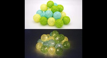Tronje LED Lichterketting van 20 Katoenen Bal Ø6cm - 4h-Timer Snaarlichten - 3,8m Lichtsnoer Batterijvoeding Binnen - Warm Wit Lichten - Geel-Groen