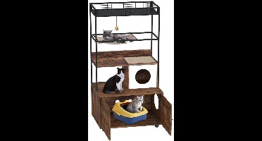LeeuwenChoice® Luxe Katten Toren & Vitrinekast - Bruin Met Zwart Metaal - Kattebakmeubel Met Huisje, Hangmat, Krabpaal - Met Kattespeeltje - 80x48x152cm