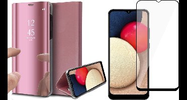 Hoesje geschikt voor Samsung Galaxy A02s - Screen Protector FullGuard - Book Case Spiegel Roségoud & Screenprotector