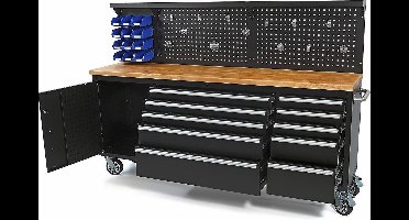 215 CM. Gereedschapswagen / Werkbank met Houten Werkblad incl Achterwand