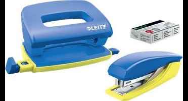 Leitz Mini Nietmachine + Perforator - Niet Tot 10 Vel - Voor Mappen En Ringbanden - Inclusief Nietjes - Ideaal Voor School Of Studie - Blauw/Geel