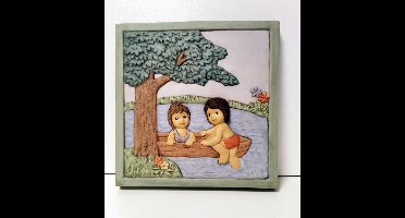Wandbord - Goebel - N+M - 21cm x 21cm - Kinderen in bootje.