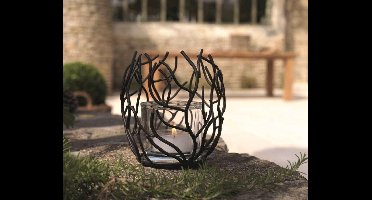 Theelighthouder Flame - Zwart Metaal - incl.glas - hoogte 20cm - diameter 20cm