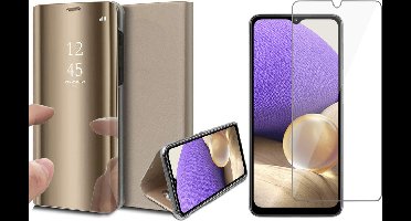 Hoesje geschikt voor Samsung Galaxy A32 5G - Screen Protector GlassGuard - Book Case Spiegel Goud & Screenprotector