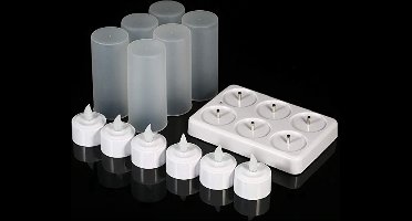 Oplaadbare waxinelichtjes met lader - 3D LED theelichtjes - Set van 6 - Veilig en duurzaam - Oplaadbare kaarsen - Incl. doorschijnende bebuizing - Sfeerlichtjes - Horeca kaarsen - Flikkerende lichtjes - Nepkaarsen