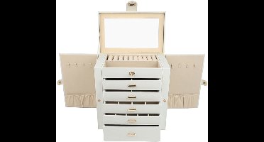 Hoppa! Sieradendoos, Juwelendoos, grote juwelendoos met 6 niveaus, juwelendoos met zijdelingse scharnierende deuren, laden, spiegel en slot, voor ringen, oorbellen, horloges