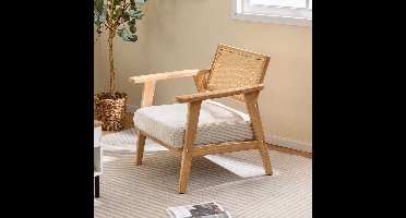 Rotanstoel – Rieten Stoel – Eetkamerstoel – Tuinstoel – Fauteuil – Rubberhout Frame – PE Rotan Rugleuning met Kussen