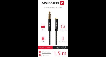 Swissten textiel audiokabel 3,5 mm jack (mannelijk) naar 3,5 mm jack (vrouwelijk) – 1,5 meter – zwart