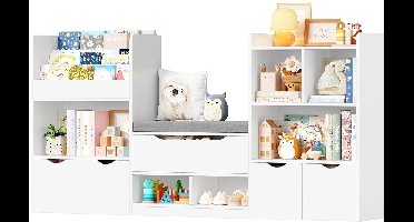 Opbergmeubel Kind – Speelgoedkast – Boekenkast – Kinderkast – Opbergkast – Wit – Met Bankje – 183,5 x 94,5 x 29,8 cm – Hout – 3 Rollende Lades