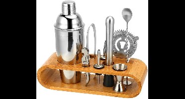Oneay 10-delige barset met bamboe standaard - Thuisbartset en cocktailshaker voor een fantastische cocktailervaring - 550ml - zilver