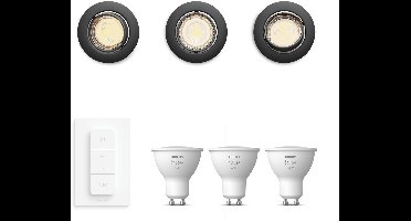 Philips Hue Peridot Set van 3 Inbouwspots (Zwart) - Rond - Richtbaar - GU10 - Warmwit Licht - Incl. Hue Dimmer Switch - Hue White