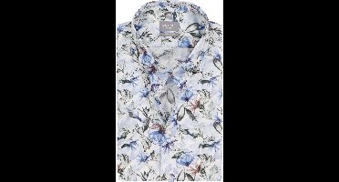 OLYMP Luxor comfort fit overhemd - korte mouw - dobby - wit met blauw en groen bloemen dessin - Strijkvrij - Boordmaat: 42