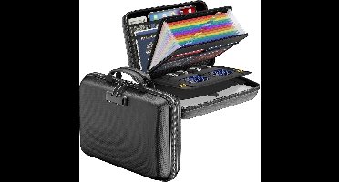 Brandveilige documentenmap met slot - Harde koffer - Brandveilige documentenbox met 13 accordeonmappen - Draagbare, veilige opbergoplossing voor thuis, kantoor en op reis voor belangrijke documenten en laptops (zwart)