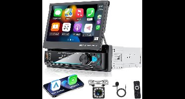 1-DIN Autoradio – Carplay Radio – Android Auto Ontvanger – Touchscreen Stereo – Bluetooth Auto Radio – 7 Inch Handmatig Uitschuifbaar – Achteruitrijcamera met Nachtzicht