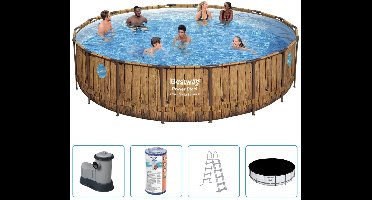 Bestway Power Steel Swim Vista Zwembad - 549x122 cm - Houtprint - Rond - Met filterpomp + accessoires - Zwembad - Filterpomp - Zwembadtrap - Afdekzeil - Zwembad Met Ramen