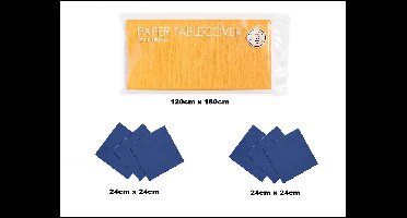1x Tafelkleed papier geel 120cm x 180cm + 40x Cocktail servetten blauw 24cm x 24cm 3 laags