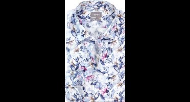 OLYMP Luxor comfort fit overhemd - dobby - wit met blauw en roze bloemen dessin - Strijkvrij - Boordmaat: 45