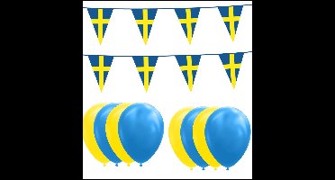 Zweden feestpakket- 2x Vlaggenlijn 10 meter + 20 ballonnen blauw/geel - Versiering Slinger Feestdecoratie Decoratie