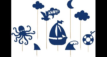 PARTYDECO - 9 taartdecoraties op prikkers marineblauw 9,5 tot 22,5 cm zeemotieven