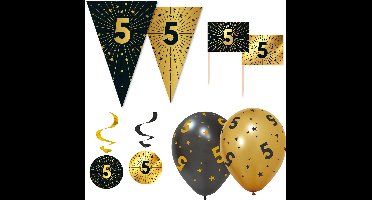 Feestpakket 5 jaar Zwart Goud XL – Vlaggenlijn 10 meter + 6 Ballonnen + 50 Prikkers + 4 Swirls – Golden Celebrations Decoratie