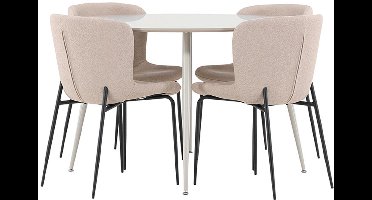 Plaza eethoek tafel Ø120cm en 4 bouclé stoelen beige.
