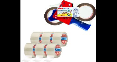 tesa verpakkingstape-set: handroller incl. 2 rollen + 6 rollen transparante verpakkingstape (66 m x 50 mm)
