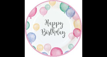 RIETHMULLER - 8 kartonnen borden Happy Birthday pastel ballonnen 23 cm roze rand