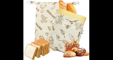 Set Van 2: Katoen-Linnen Bewaarzakken Met Bijenwas En Gespsluiting — Dubbellaagse Binnenzijde — Bewaarzakken Voor Brood, Fruit En Groenten (Grijs Honingraatpatroon)