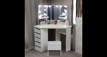 Make-uptafel Hoekmodel met Hollywood Spiegel, LED Verlichting, 5 Laden en Kruk, Modern Slaapkamermeubel, 114 x 61 x 140 cm – Pauwhome