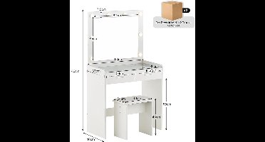 Make-uptafel met LED-verlichting 80 x 40 x 140 cm, Hollywood Spiegel, 2 Laden, Gehard Glas Tafelblad, Inclusief Kruk – Modern Design – Pauwhome