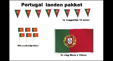 Portugal versiering pakket - Vlag Portugal 150cm x 90cm (1x) - Cocktailprikkers Portugal (50x) - Vlaggenlijn Portugal 1000cm(1x) - WK voetbal festival evenement party decoratie