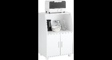 SoBuy Keukenkast op Wieltjes, Magnetronkast met Opbergruimte, Multifunctionele Keukenwagen 55×38×84 cm, Wit, FRG241-W