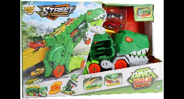 KiddyGo transporter dino speelgoed met 2 diecast auto's en racebaan.